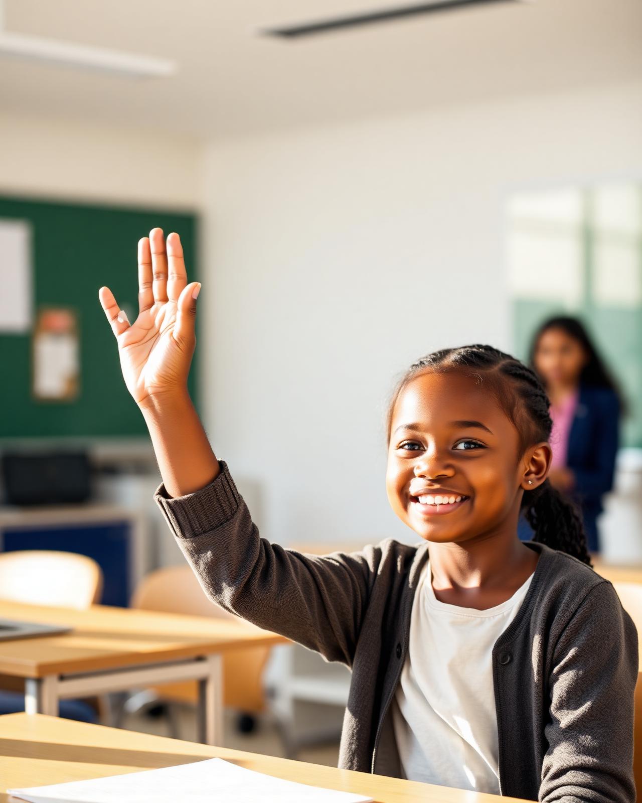 Student raising hand in class